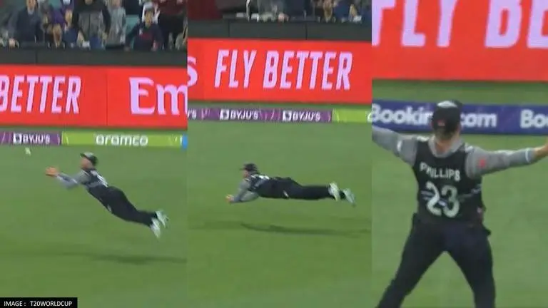 T20 World Cup: Glenn Phillips take spectacular catch, ICC calls him 'Superman'; WATCH T20 World Cup, Glenn Phillips, New Zealand, AUS vs NZ, Glenn Phillips catch, Marcus Stoinis, Australia vs New Zealand, T20 World Cup best catches
