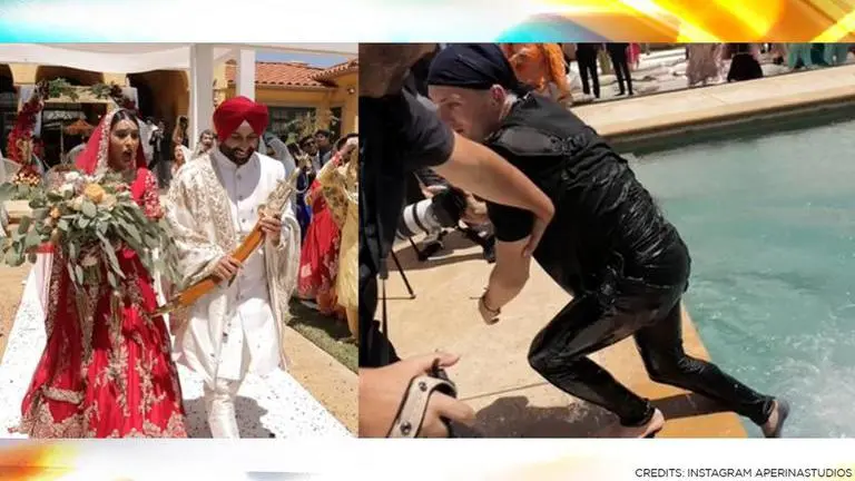 wedding photographer falls in swimming pool