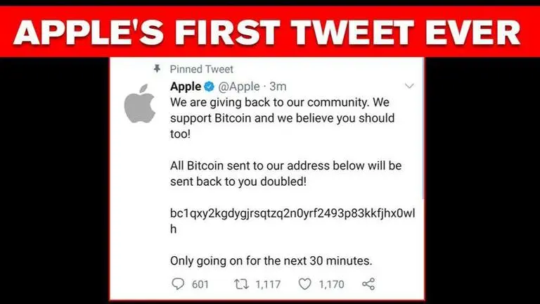 Bitcoin scammers hacked Apple account to sent out its first ever public tweet Apple's first public tweet on platform, a Bitcoin scam by hackers