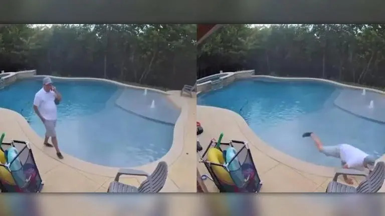 Man amusingly continues phone call from work after falling into pool; Watch video work call