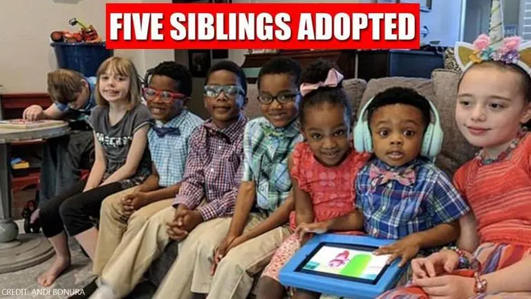 Texas couple adopts 5 biological siblings from foster care, they're now a family of 10 foster parents