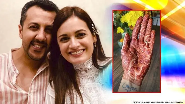 Dia Mirza shares photos from festivities ahead of wedding with Vaibhav Rekhi, see pictures Dia Mirza shares pic from Mehendi ahead of wedding with Vaibhav Rekhi, calls it 'pyaar'