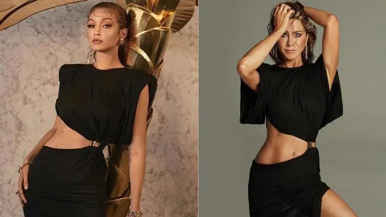 Gigi Hadid & Jennifer Aniston twin in the same black Versace dress gigi hadid