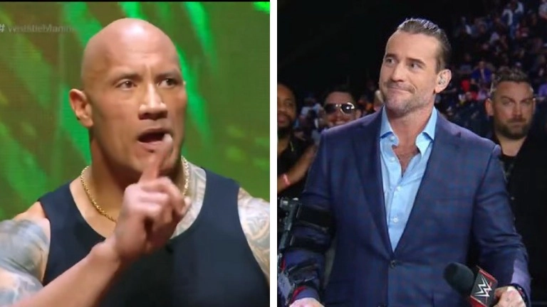 Cmf Punk Rocker The Rock reacts as CM Punk takes a substantial shot at him during ...