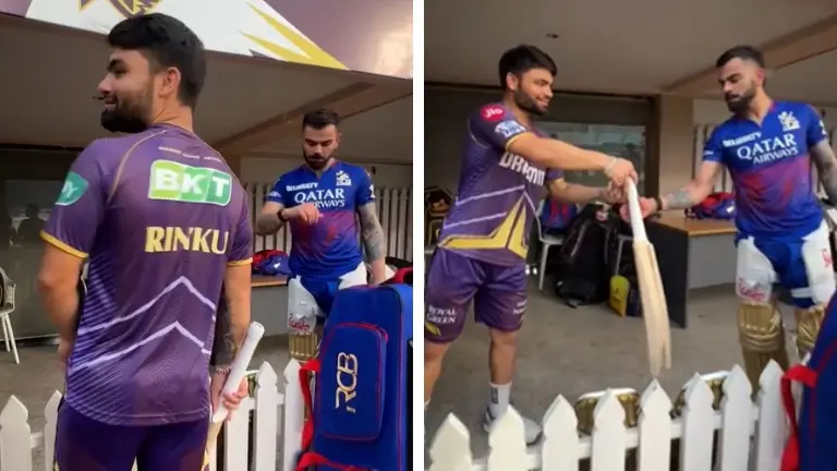 'Fir nhi todunga': Virat Kohli bewildered as Rinku Singh breaks bat, demands new one Pre-KKR vs RCB Rinku Singh and Virat Kohli
