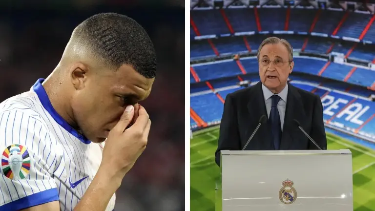 Real Madrid's worry over FRA captain Kylian Mbappe's surgery concern after broken nose at Euro 2024 Kylian Mbappe and Florentino Perez