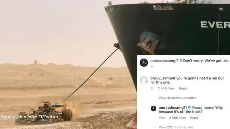 Mercedes TROLL Red Bull using Ever Given Suez Canal meme; Watch Mercedes F1 Suez Canal