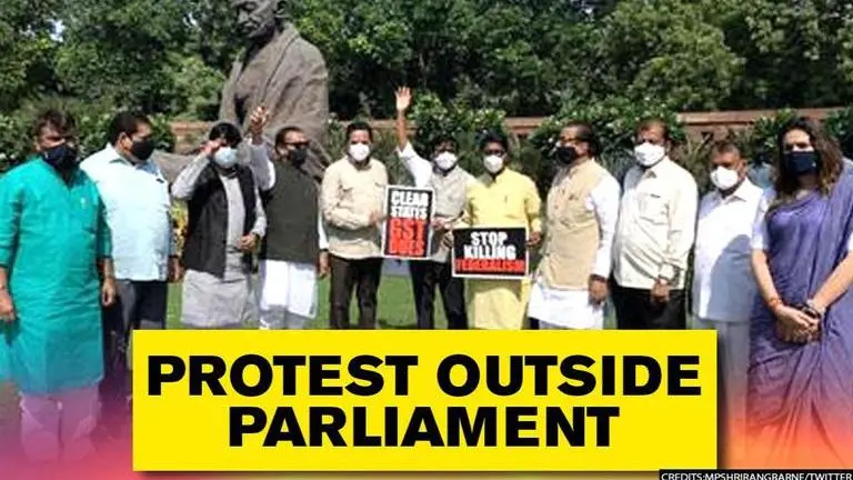 Opposition Parties protest outside Parliament, demand clearance of GST dues Parliament