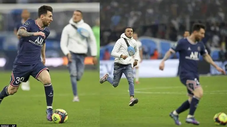 Pitch invader evades security to hug PSG's Lionel Messi during Marseille clash Lionel Messi
