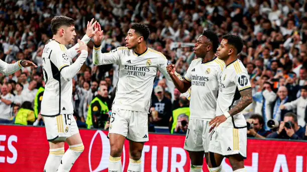 Real Madrid hosts Barcelona eyeing decisive blow in Spanish league title race Real Madrid players celebrate goal vs Manchester City