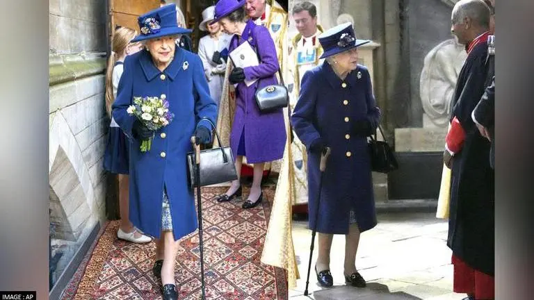 Queen Elizabeth II steps out with a cane to walk into Westminster Abbey after knee surgery Queen Elizabeth II