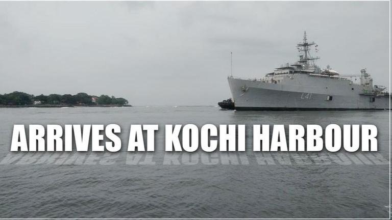 Indian Navy's INS Jalashwa arrives at Kochi Harbour with 698 evacuees ...