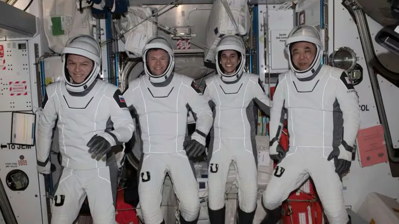 From left, Roscosmos cosmonaut Konstantin Borisov, ESA (European Space Agency) astronaut Andreas Mohgensen, NASA astronaut Jasmin Moghbeli, and JAXA (Japan Aerospace Exploration Agency) astronaut Satoshi Furukawa.