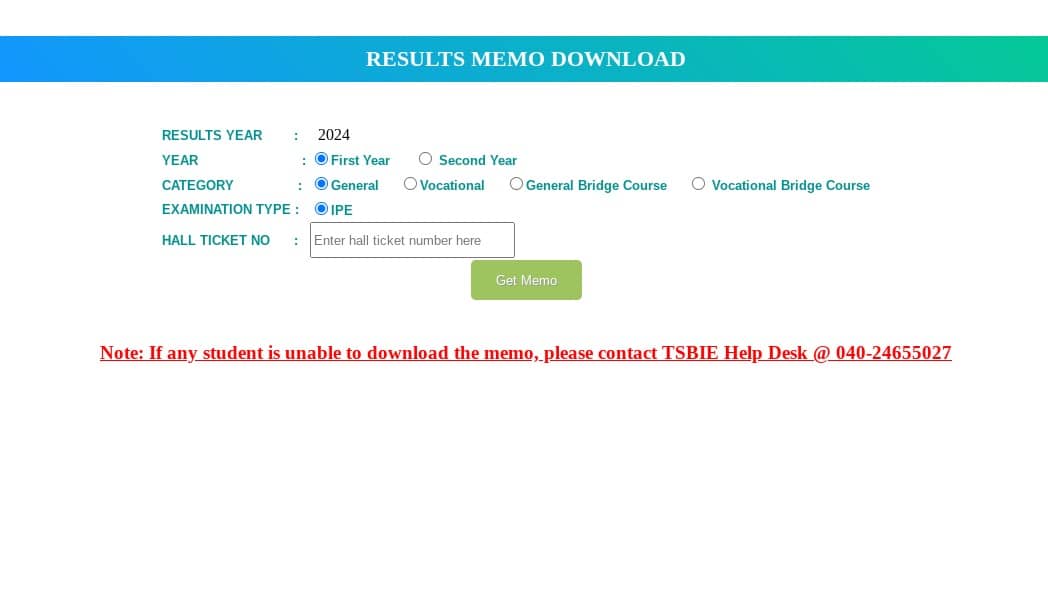 TSBIE IPE 2024 Marks Memo Link Out 