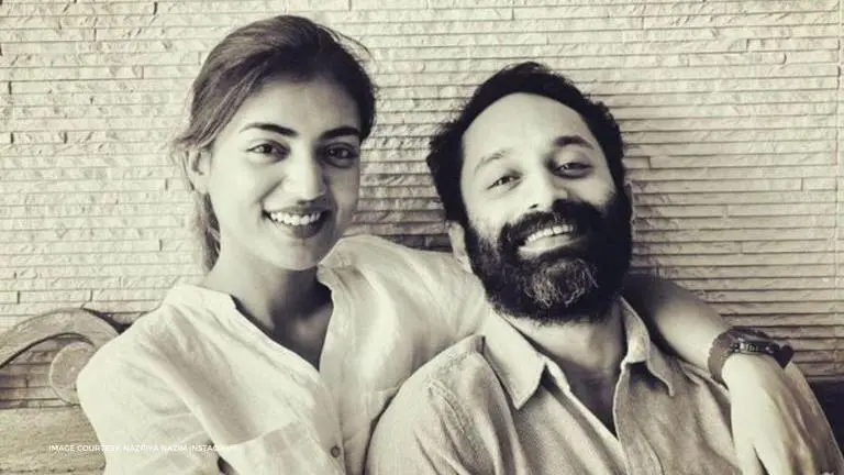 Nazriya Nazim and Fahadh visit late actor Chiranjeevi and Meghana Raj's baby in Bangalore nazriya nazim