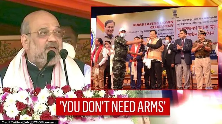Amit Shah welcomes surrender of insurgent groups in Karbi Anglong district in Assam Amit Shah promises development in Assam, says, 'insurgents don't need to pick arms'