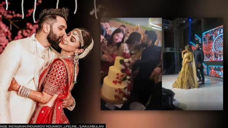 Mouni Roy-Suraj Nambiar's reception: From couple dance to cutting a cake, see inside pics Mouni Roy, Suraj Nambiar, Mouni Roy wdedding, Mouni roy wedding reception, Arjun Bijlani
