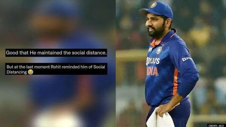 Fans hail pitch invader for maintaining social distance while touching Rohit Sharma's feet Rohit Sharma