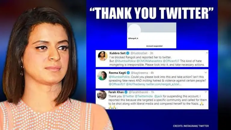 Rangoli Chandel's Twitter account suspended after celebrities flag controversial post Rangoli Chandel's Twitter account suspended after celebrities flag controversial post