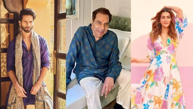 Dharmendra poses with co-stars Shahid Kapoor, Kriti Sanon on sets of their untitled film Dharmendra