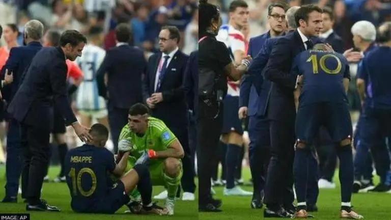 France President Emmanuel Macron consoles Kylian Mbappe after World Cup final loss; WATCH France