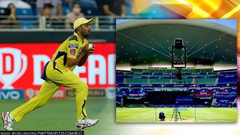 In IPL 2021 final, ball hits Spider-cam at crucial juncture; foils Jadeja CSK vs KKR, IPL 2021 Final, Ambati Rayudu, Dead ball CSK vs KKR, IPL 2021, ball hits spider cam, Ravindra Jadeja, Shubman Gill
