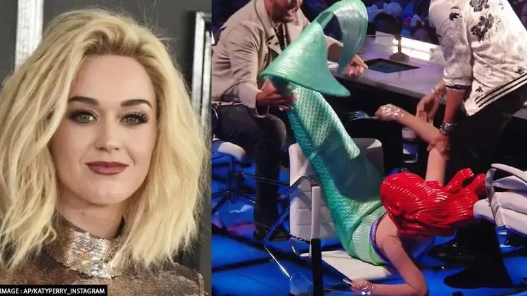 Katy Perry reacts to hilarious tumble on American Idol sets in her quirky mermaid outfit Katy Perry, Katy Perry in mermaid costume, Katy Perry tumbles on American Idol