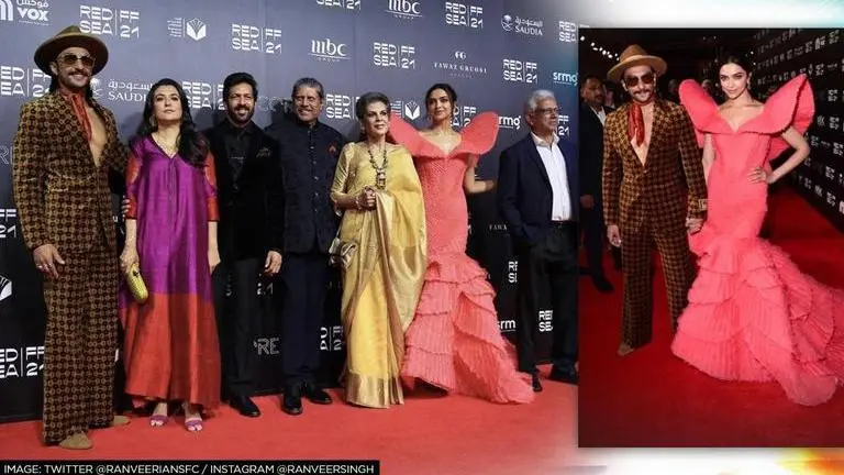 Ranveer Singh goes retro in printed Gucci suit, Deepika opts for a pink gown at '83' event Ranveer Singh, Deepika Padukone, 83 event, Dubai, red sea festival