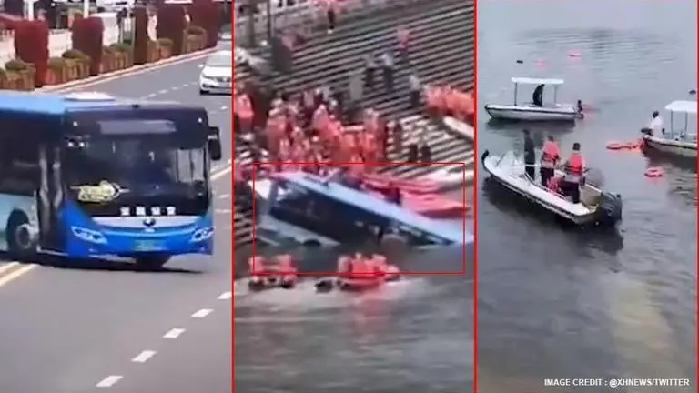 China: Bus plunges into lake after smashing through railing in shocking video, 2 dead China