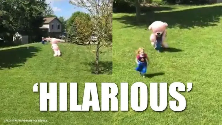 Pink bear chases a little girl across lawn in a hilarious video; Watch Pink bear