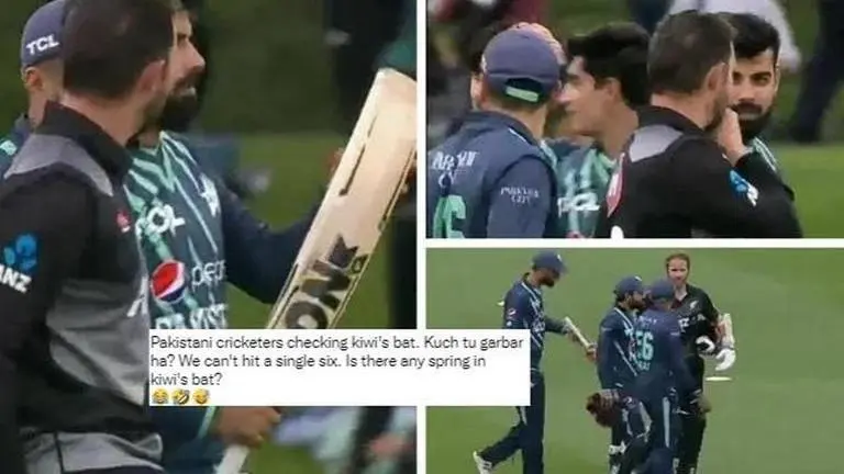 Pakistan players check NZ players' bat after defeat in T20I, netizens find the funny side Pakistan, New Zealand, New Zealand vs Pakistan, NZ vs PAK, Pakistan vs New Zealand T20I series, PAK vs NZ, Babar Azam, Shadab Khan, Devon Conway, Kane