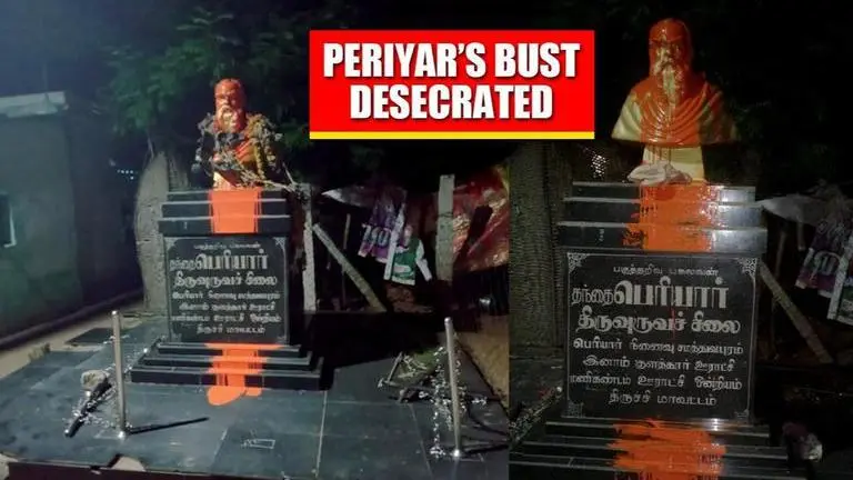 Periyar's bust desecrated with saffron paint, slippers in Tiruchy; Kanimozhi condemns act Periyar