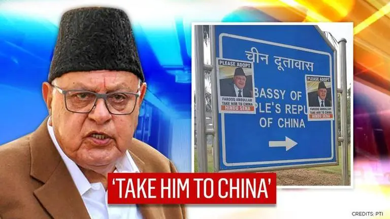 Hindu Sena plasters 'Adopt Farooq Abdullah' posters on China's embassy board in New Delhi farooq abdullah