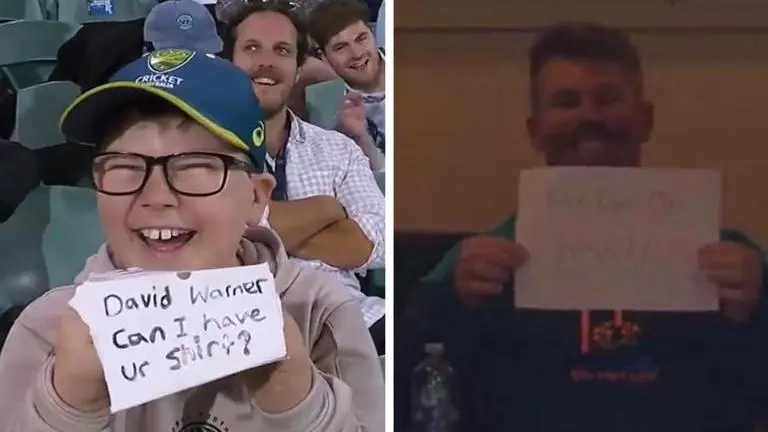 Australia vs England: Fan asks for Warner's shirt, Aussie batsman's reaction goes viral Australia vs England, David Warner, Australia, AUS vs ENG, Marnus Labuchagne, David Warner poster, David Warner young fan, Marnus Labuschagne