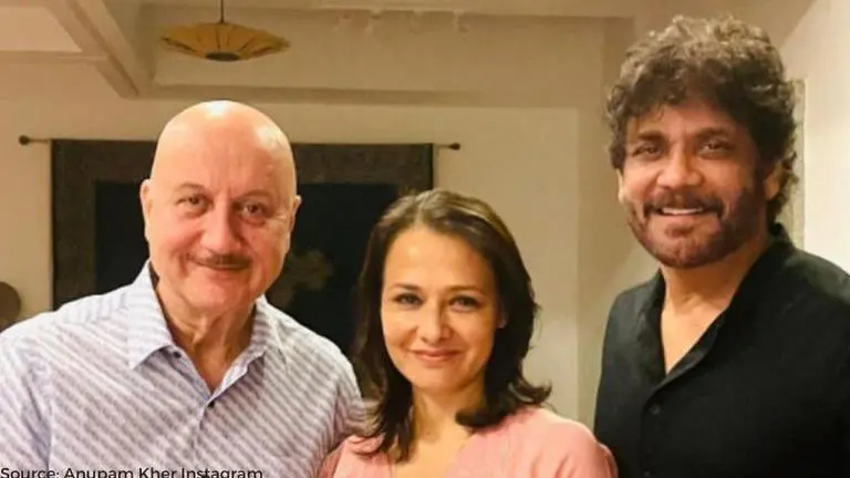Anupam Kher meets Nagarjuna and wife Amala Akkineni in Hyderabad; shares pictures In Image: Anupam Kher, Amala Akkineni, Nagarjuna. Source: Anupam Kher Instagram