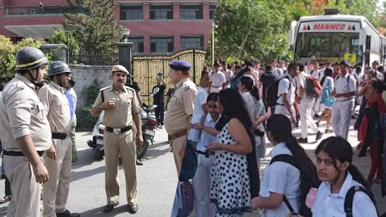 Visuals outside a Delhi school after receving bomb threats