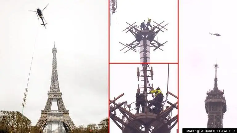 Eiffel Tower taller by 6 meters as technicians deploy new antenna to its top; WATCH Eiffel tower