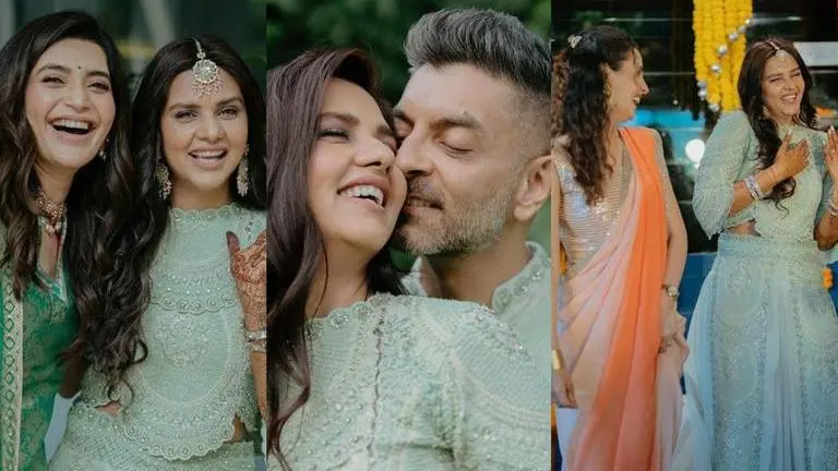 Dalljiet Kaur dances with bridesmaids Sanaya Irani, Karishma Tanna at sangeet ceremony dalljiet kaur