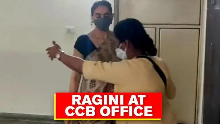 Ragini at CCB office over Sandalwood drug nexus, gadgets confiscated from her residence CCB
