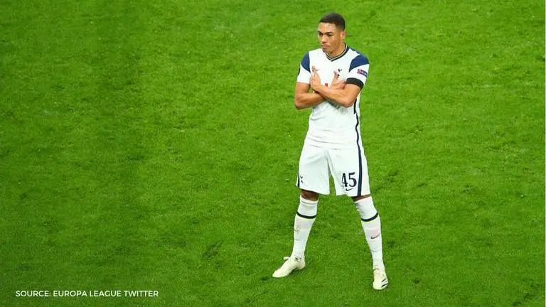 Tottenham forward Carlos Vinicius celebrates Mbappe style after scoring a brace in UEL tottenham