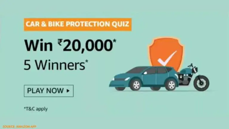 Amazon Car & Bike Protection Quiz answers, February 19: Answer and win Rs 20,000, Amazon Car & Bike Protection quiz