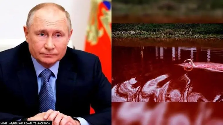 In Lithuania, protesters dye pond near Russian Embassy blood-red for Russia's war crimes Lithuania