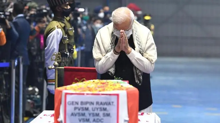 PM Modi pays tribute to Gen Bipin Rawat, other defence personnel at Palam Airport in Delhi Bipin Rawat