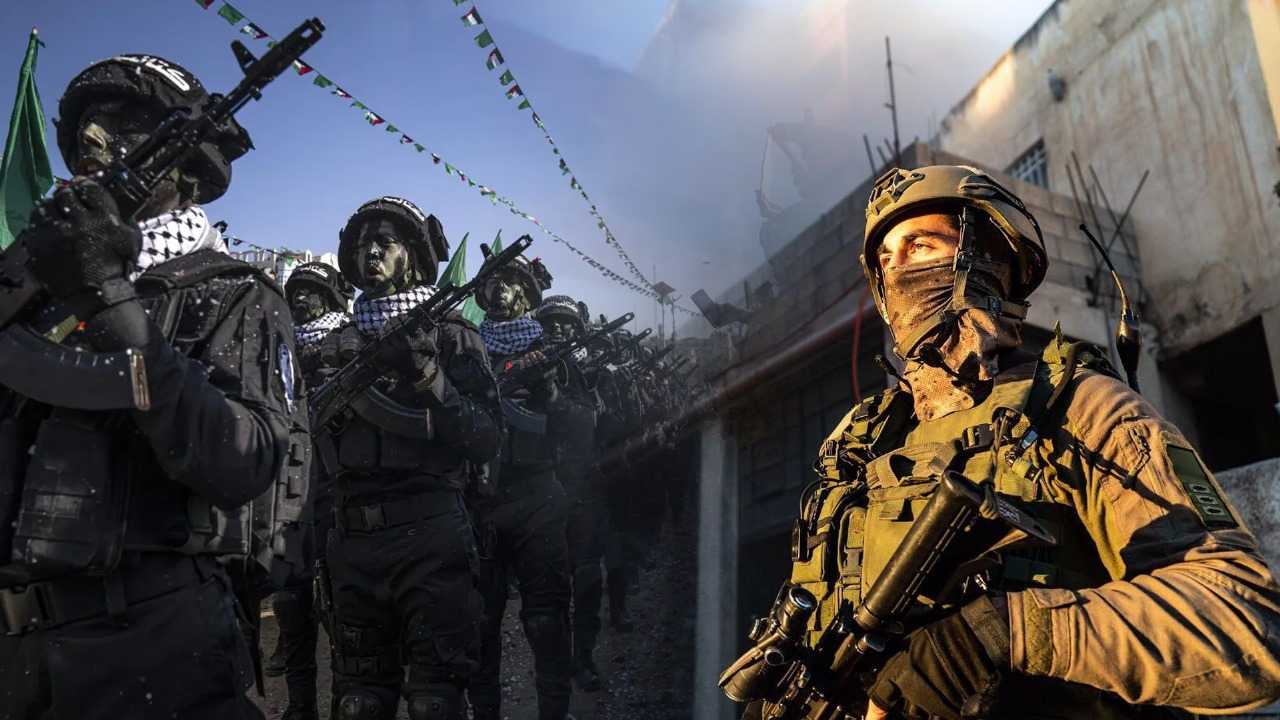 Hamas miltants (Left) and an IDF soldier (Right)