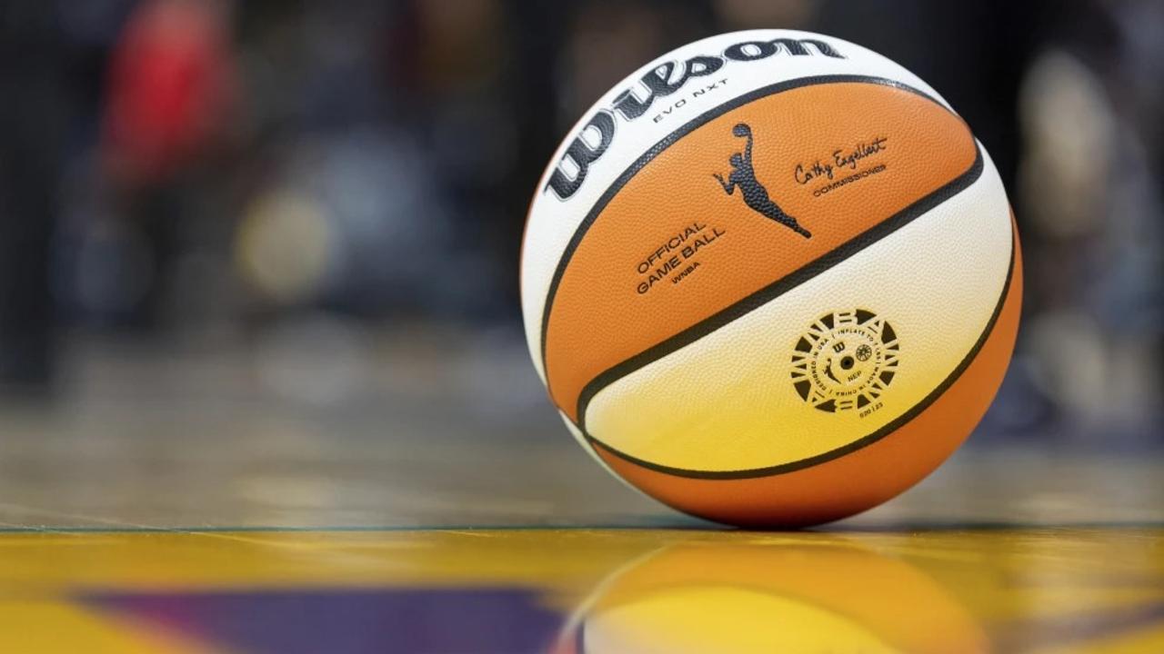 A WNBA basketball sits on the court during a WNBA game