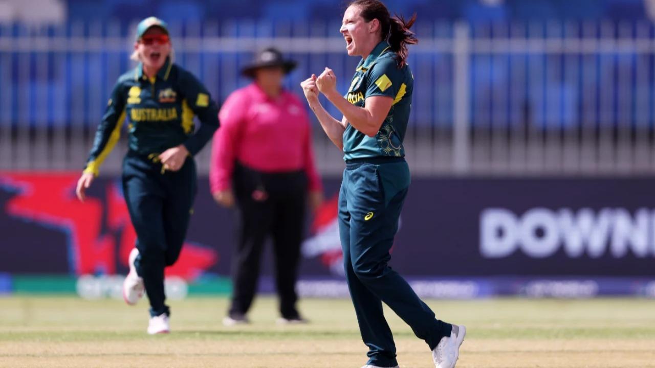 Australia's Megan Schutt celebrates against Sri Lanka