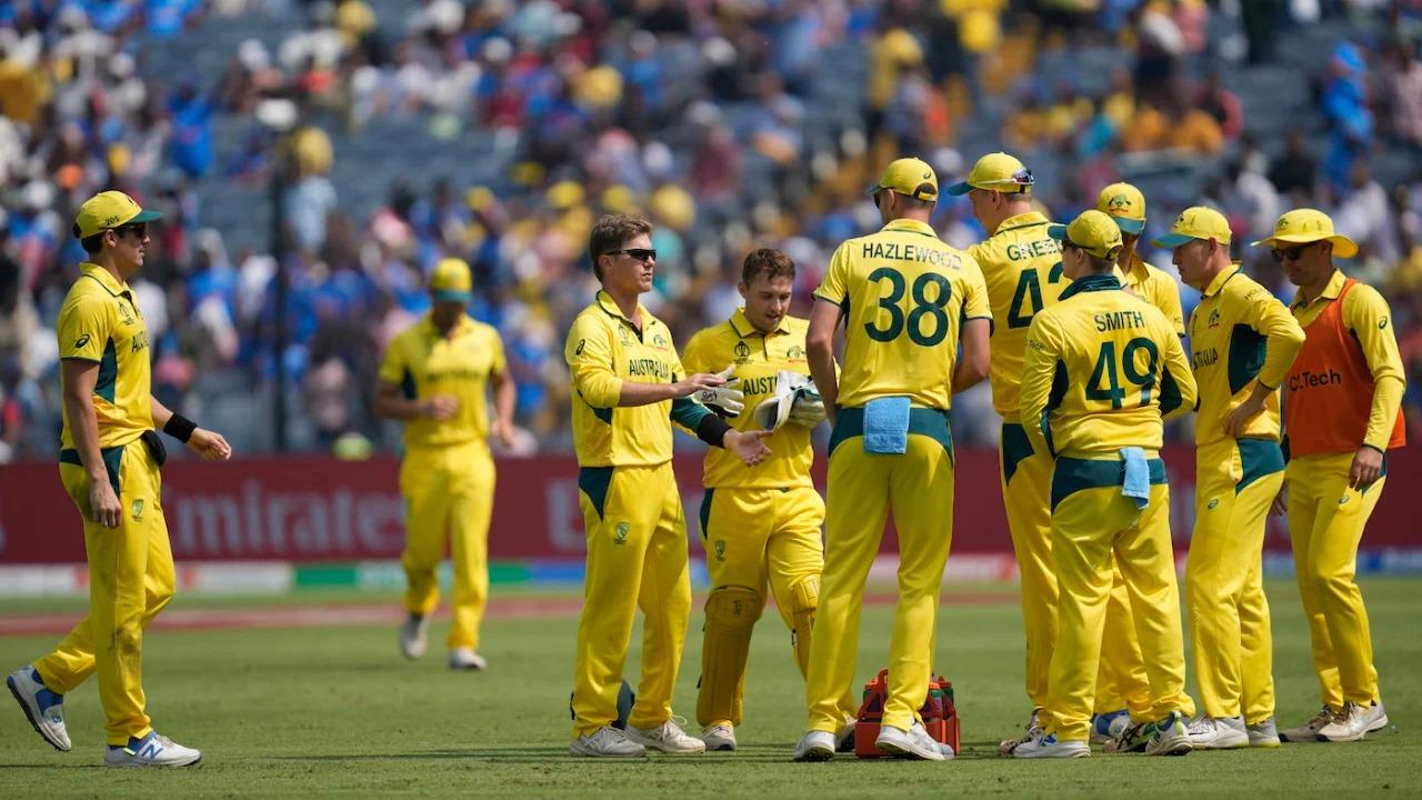 Australian cricket team celebrates the fall of wicket