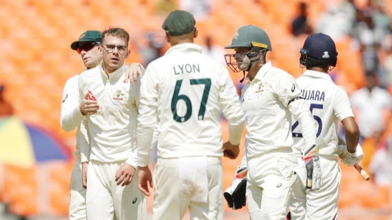 Australian team celebrates a fall of wicket in Border-Gavaskar Trophy 2023