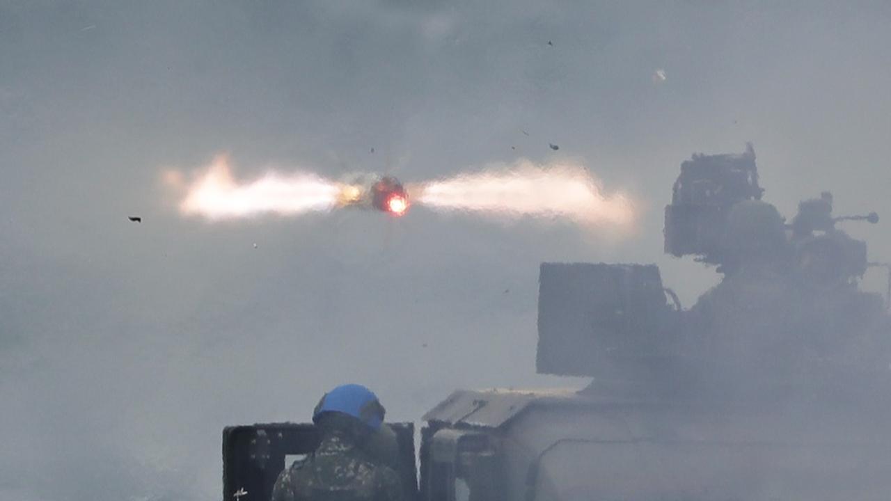 BGM-71A anti-tank missile is fired from a M41A7 TOW ITAS (Improved Target Acquisition System) on a M1167 HMMWV (High Mobility Multipurpose Wheeled Vehicle) anti-tank missile carriers during military drills in Pingtung County, southern Taiwan, Monday, Aug. 26, 2024.