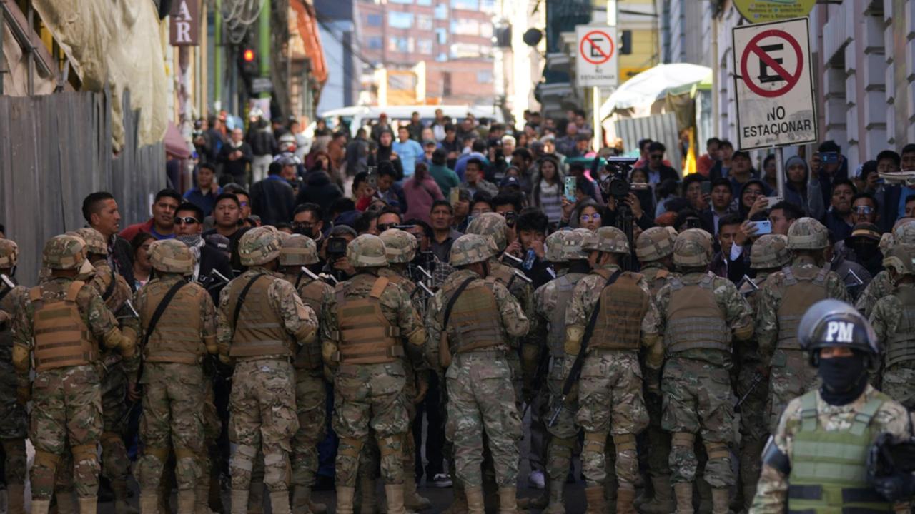 Military police block entry to Plaza Murillo in La Paz, Bolivia